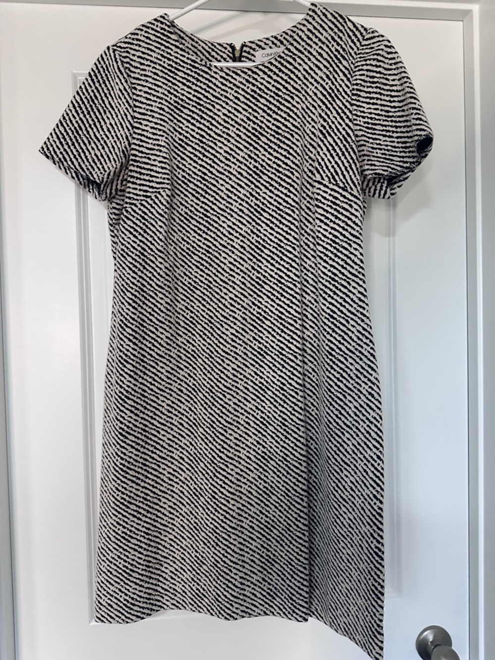 Calvin Klein Black & White Diagonal-Striped Short-Sleeve Mini Dress